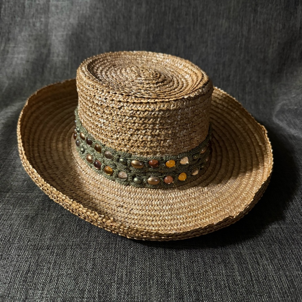Eric Javits Natural Straw Hat with Olive Beaded Band